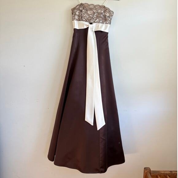 VTG Brown Satin Evening Gown – Ivory Lace Bodice, Spaghetti Straps, Made in USA - Picture 1 of 8
